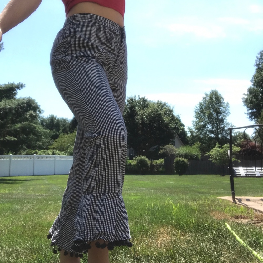 black & white gingham bell bottom pom pom pants